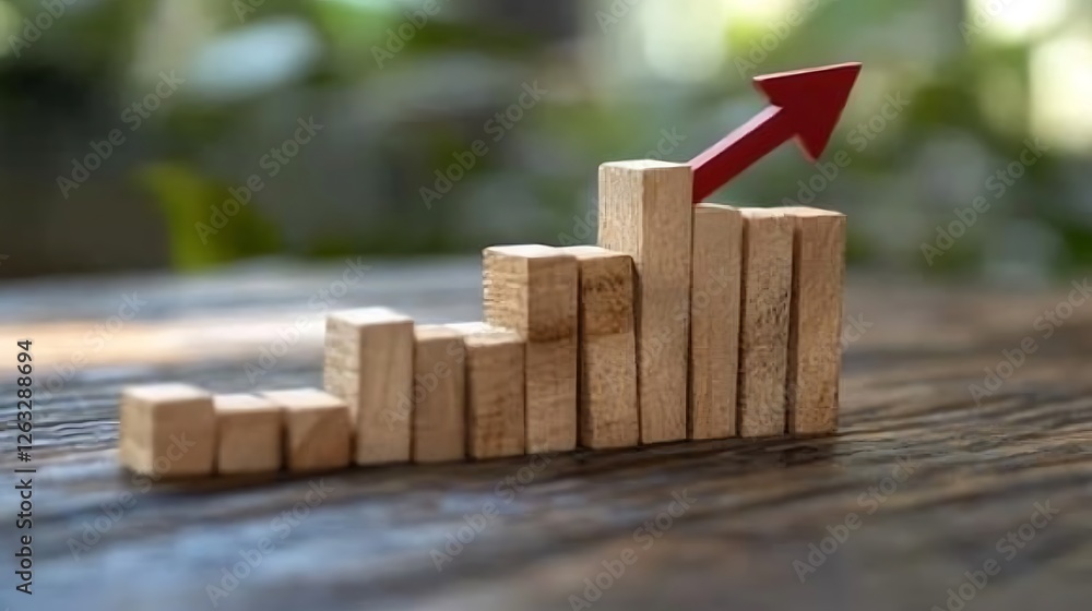 Poster wooden blocks forming an ascending graph with a red arrow pointing upwards, symbolizing growth and s