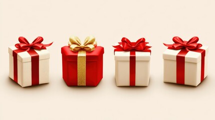 Obraz premium Colorful festive gift boxes with red and gold ribbons arranged in an artistic manner against a soft neutral background, perfect for celebration themes and holiday promotions.