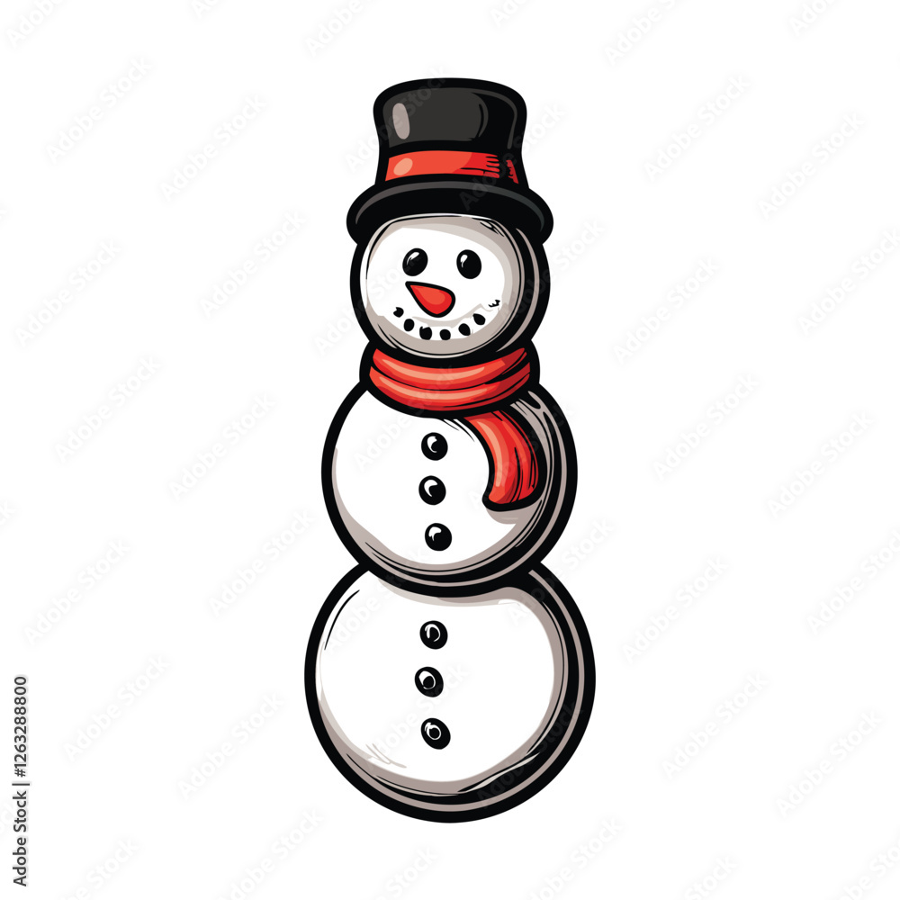 Poster create a vector illustration of a friendly snowman wearing a scarf, ready for editing. include edita