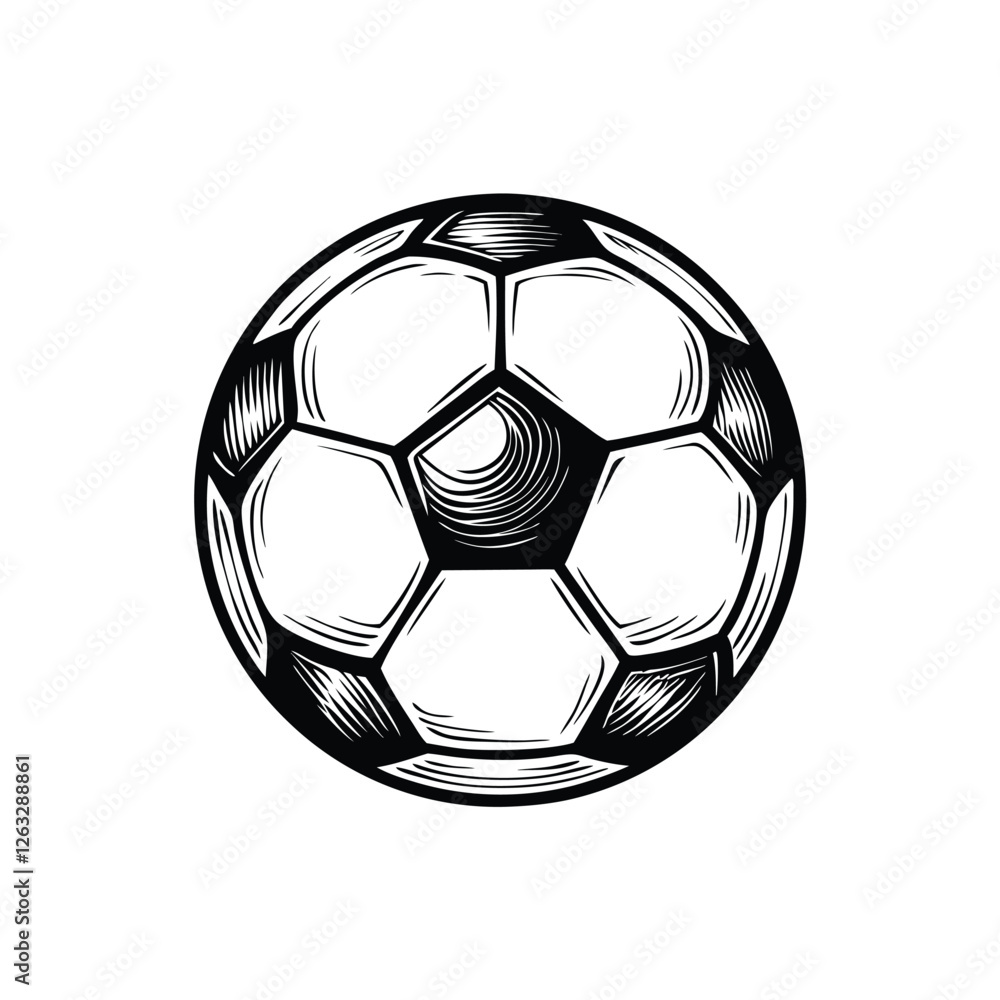 Poster create a clean, editable vector illustration of a classic soccer ball featuring distinct panel lines