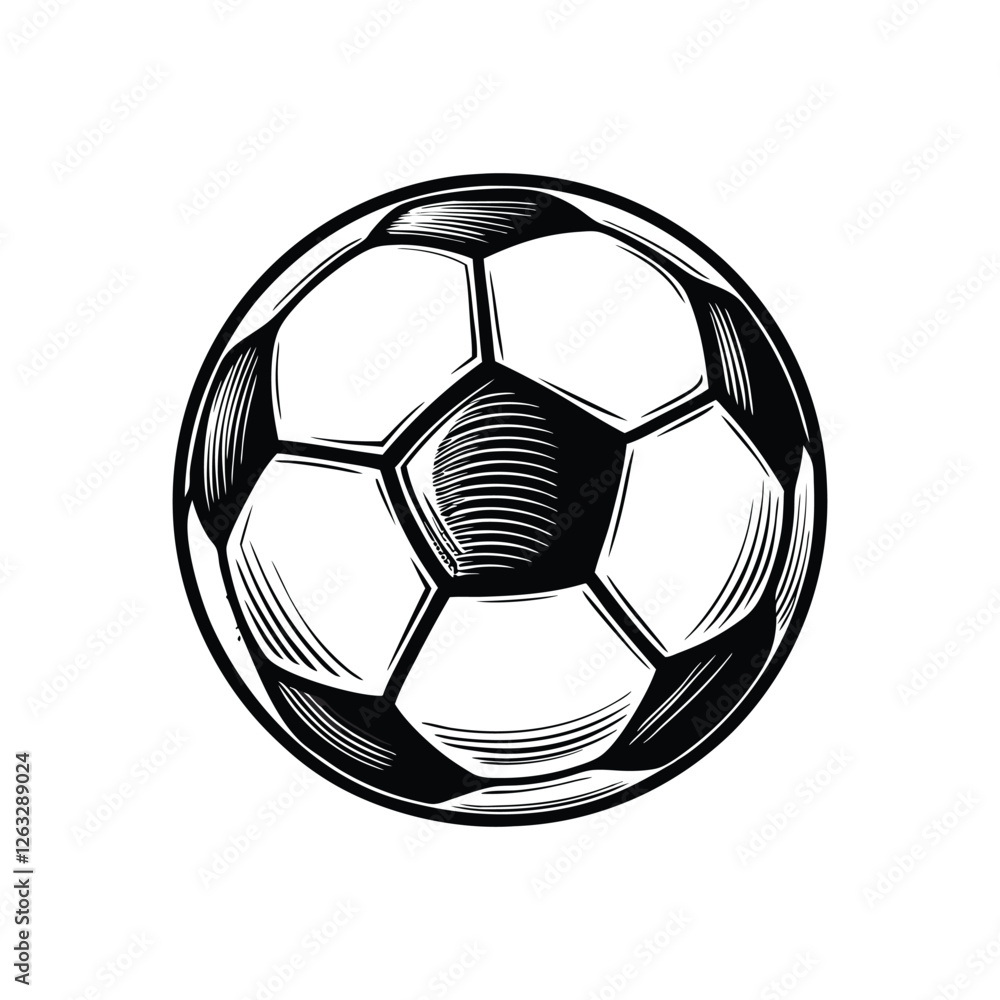 Poster create a clean, editable stroke vector graphic of a classic soccer ball, showcasing distinct panel l