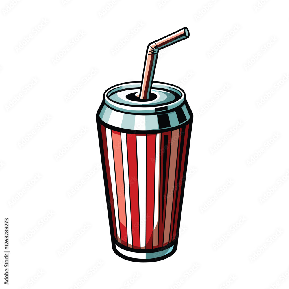 Poster editable vector illustration of a soda can with a straw, clean lines, ready for customization. perfe