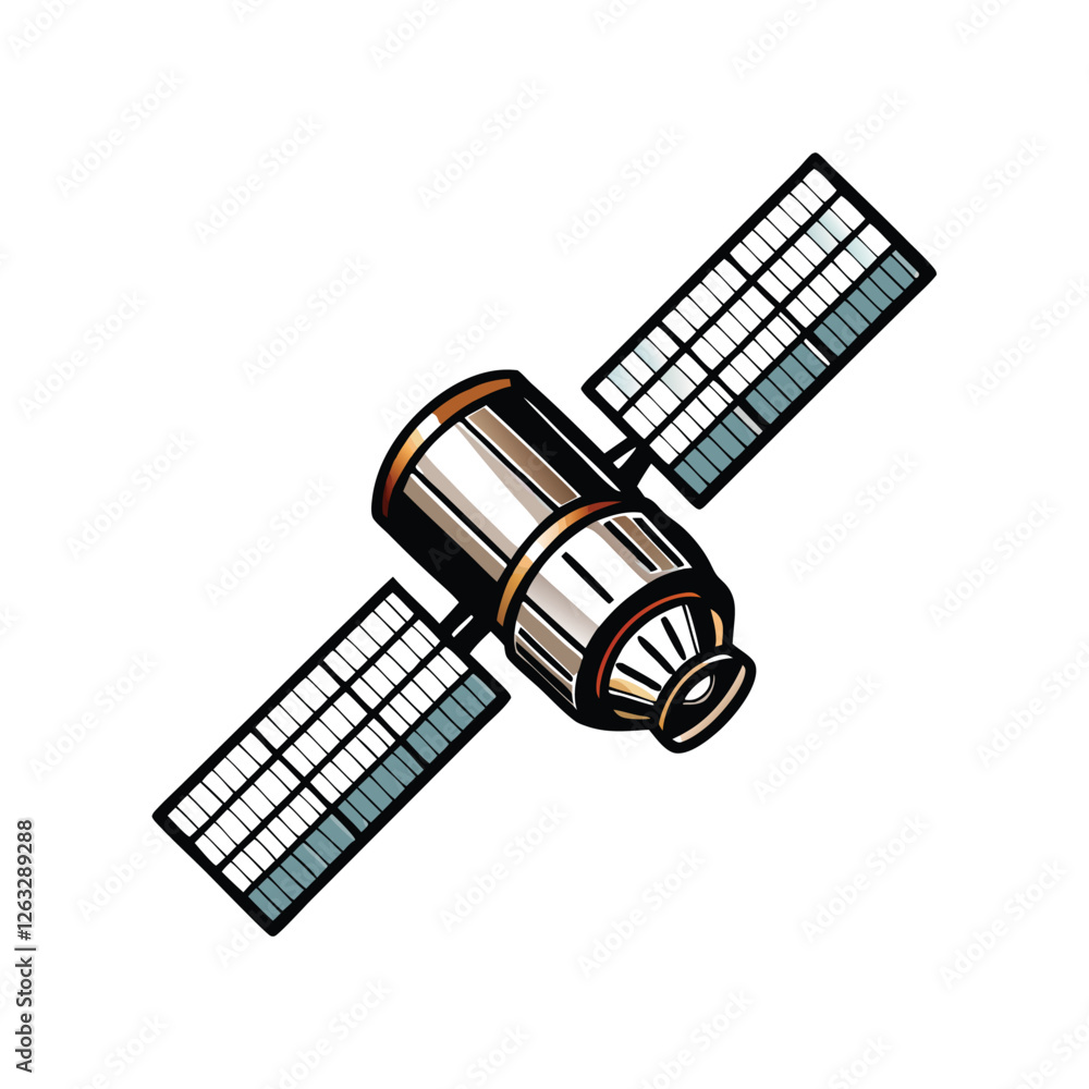 Poster create a clean, editable vector illustration of a satellite in space, showcasing detailed design ele