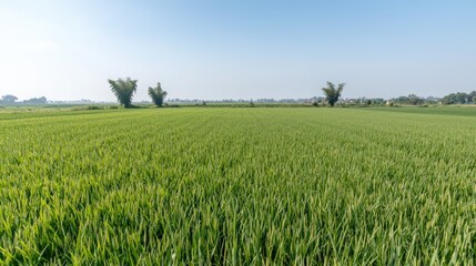 Fototapeta premium Lush green rice paddy field under clear sky