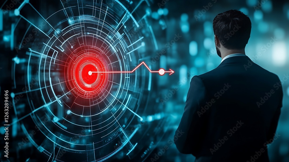 Aufkleber businessman viewing futuristic data visualization with a red target and upward trend line.