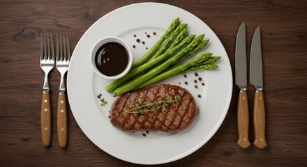 Delicious Grilled Steak with Asparagus and Sauce on White Plate
