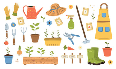 Gardening items collection. Farm or planting tools. Flat cartoon vector illustration. Agriculture equipment for scrapbooking, stickers.