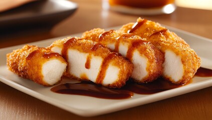 Crispy Chicken Strips with Hot Sauce on a Plate – Close-Up Shot