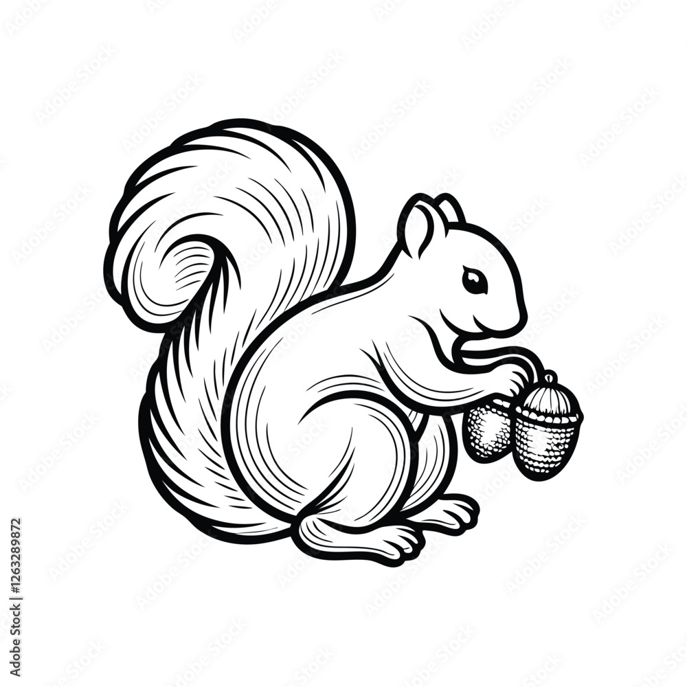 Poster create a vector illustration of a squirrel diligently collecting acorns, featuring editable strokes 