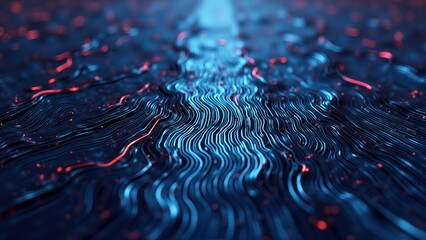 Abstract Bio-Liquid Metal Surface with Reactive AI Patterns. AI tech branding, high-tech advertising, sci-fi movies, smart material research visuals