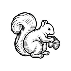 Create a vector illustration of a squirrel diligently collecting acorns, featuring editable strokes for easy modification.  The squirrel should be highly detailed and charming.