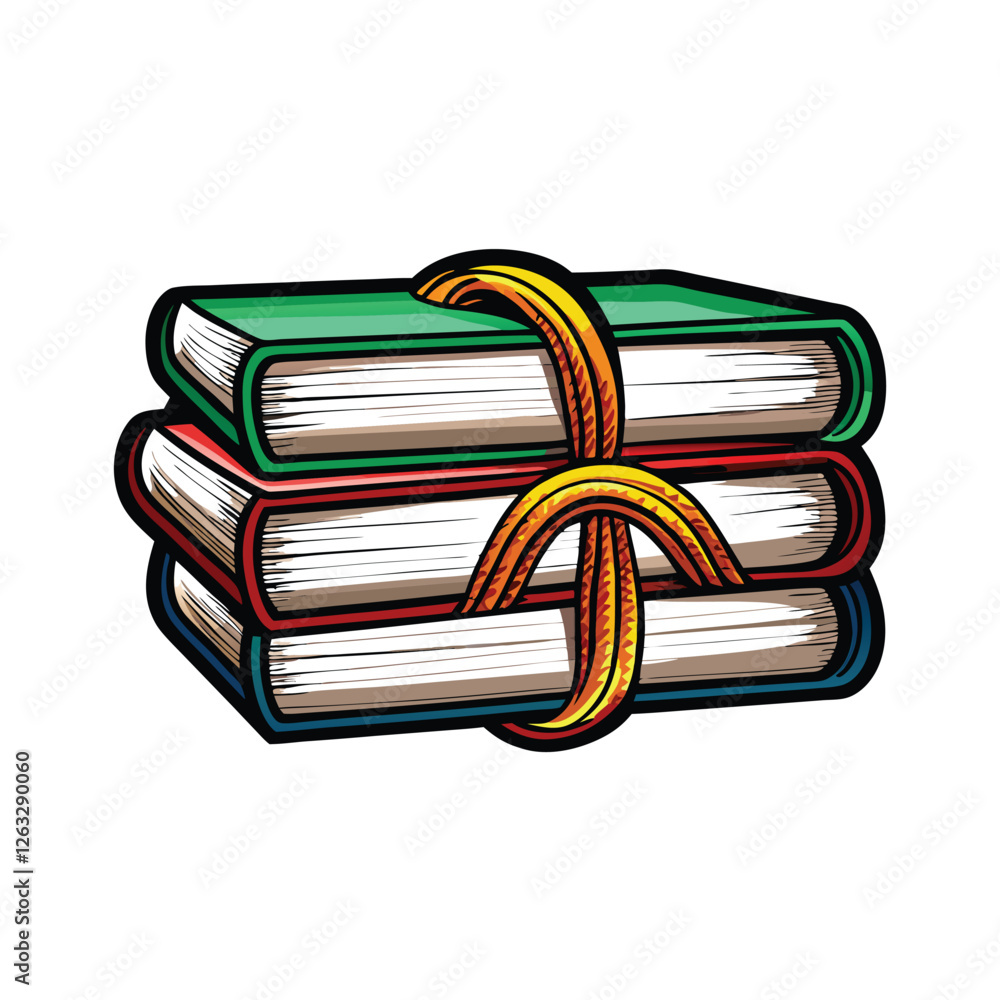 Poster create a clean, editable vector illustration of a stack of neatly tied books, emphasizing the textur