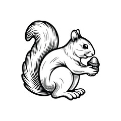 Editable stroke vector illustration of a cute squirrel diligently gathering acorns for winter.  High-resolution, detailed, cartoon style.