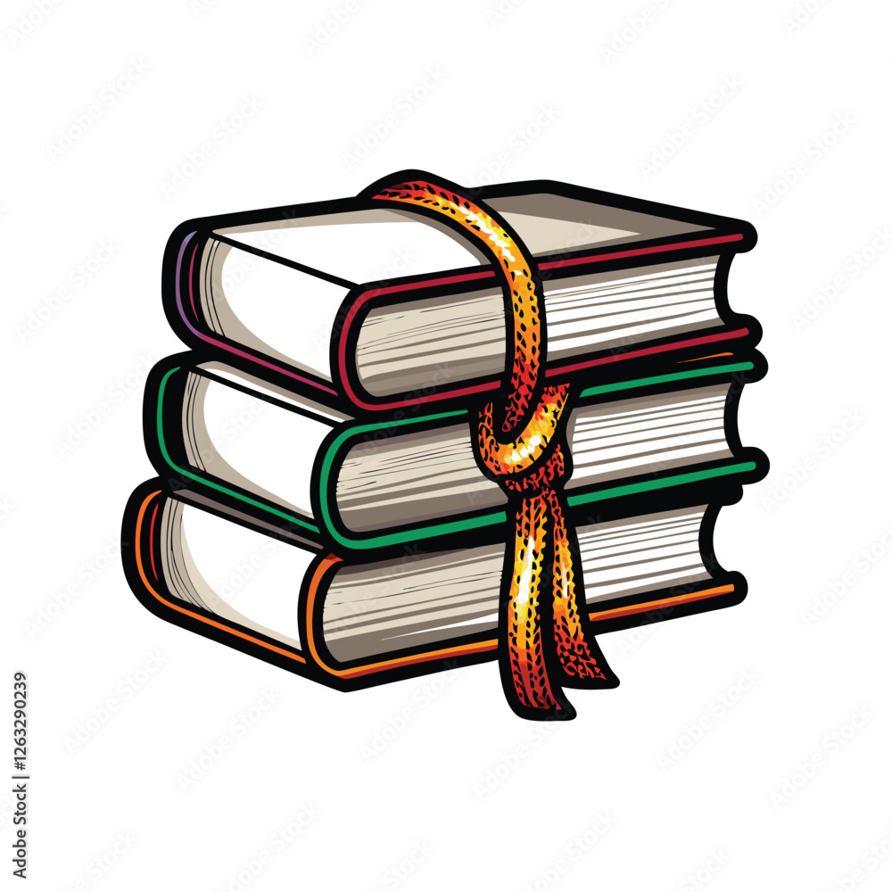 Poster create a vector illustration of a stack of neatly arranged books tied with twine, ready for editing.