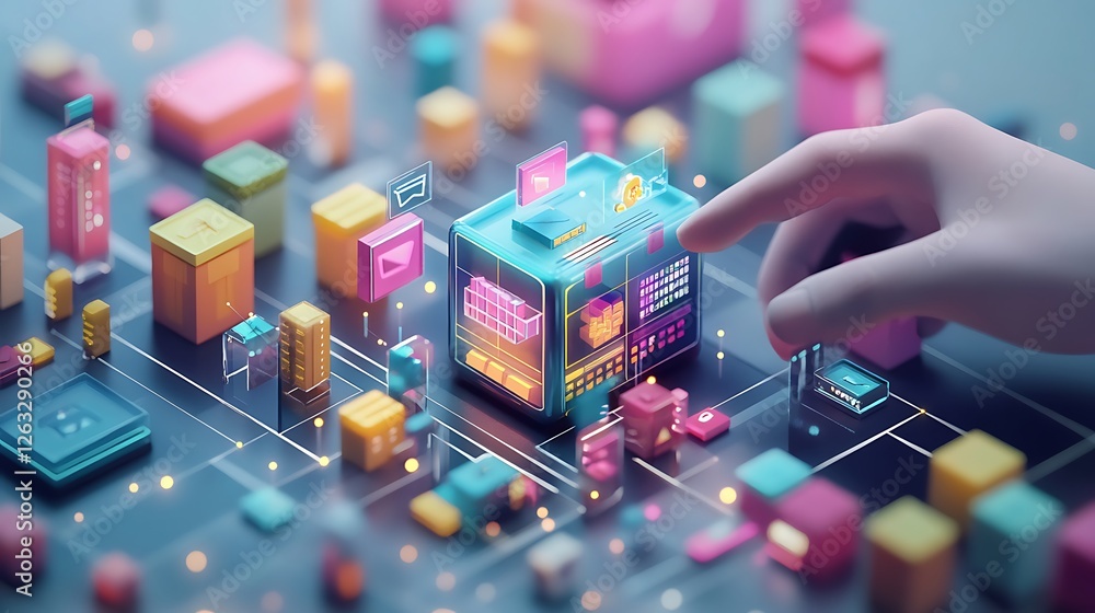 Poster hand interacting with a vibrant, 3d digital network of colorful blocks and icons, representing data 