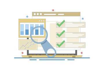 Sales data growth graph analysis report concept on computer or pc with audit and success notification, online analytics technology graph idea or internet statistics. Flat cartoon vector.