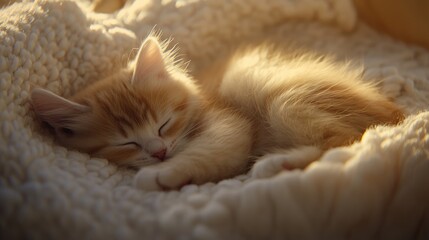 Obraz premium Sweet Dreams: A Ginger Kitten Curled Up in a Cozy Blanket