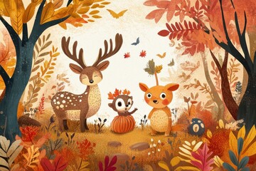 Fototapeta premium Cute forest animals gather in a lovely autumn scene