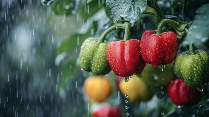 Ripe bell peppers hang on a verdant plant, showcasing striking red and green hues. Raindrops cascade down, adding freshness to the lush garden setting during a serene weather moment.
