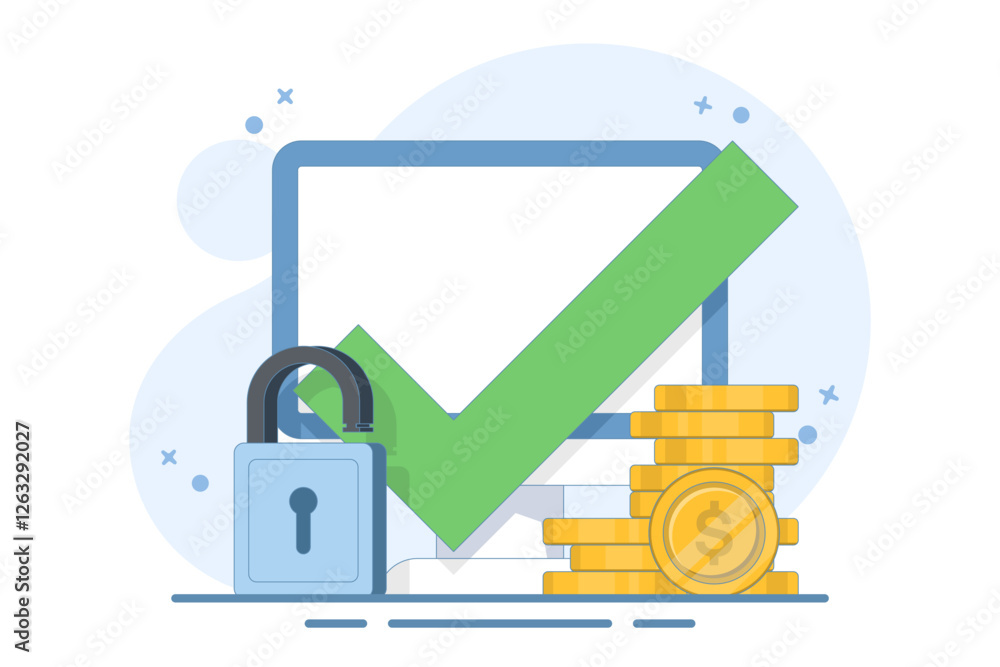 Poster the concept of secure access to an online money wallet. protected with a lock check mark on the comp