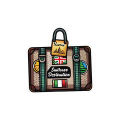 Create a clean, editable stroke vector illustration of a closed suitcase with a luggage tag attached, ready for travel.  Include realistic details.