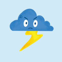 vector illustration of an angry cloud thunderbolt with a fierce facial expression. 