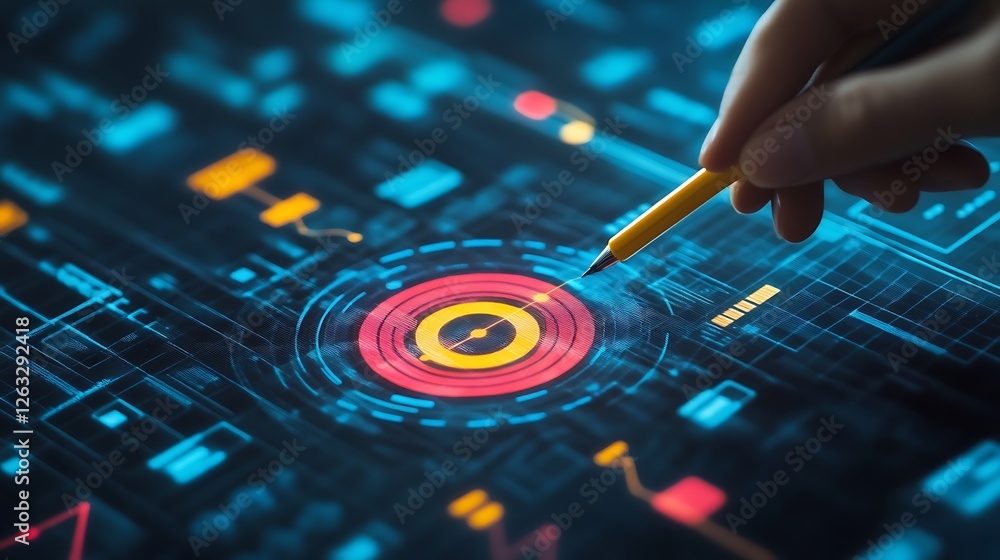 Poster hand using stylus on digital interface showing target.