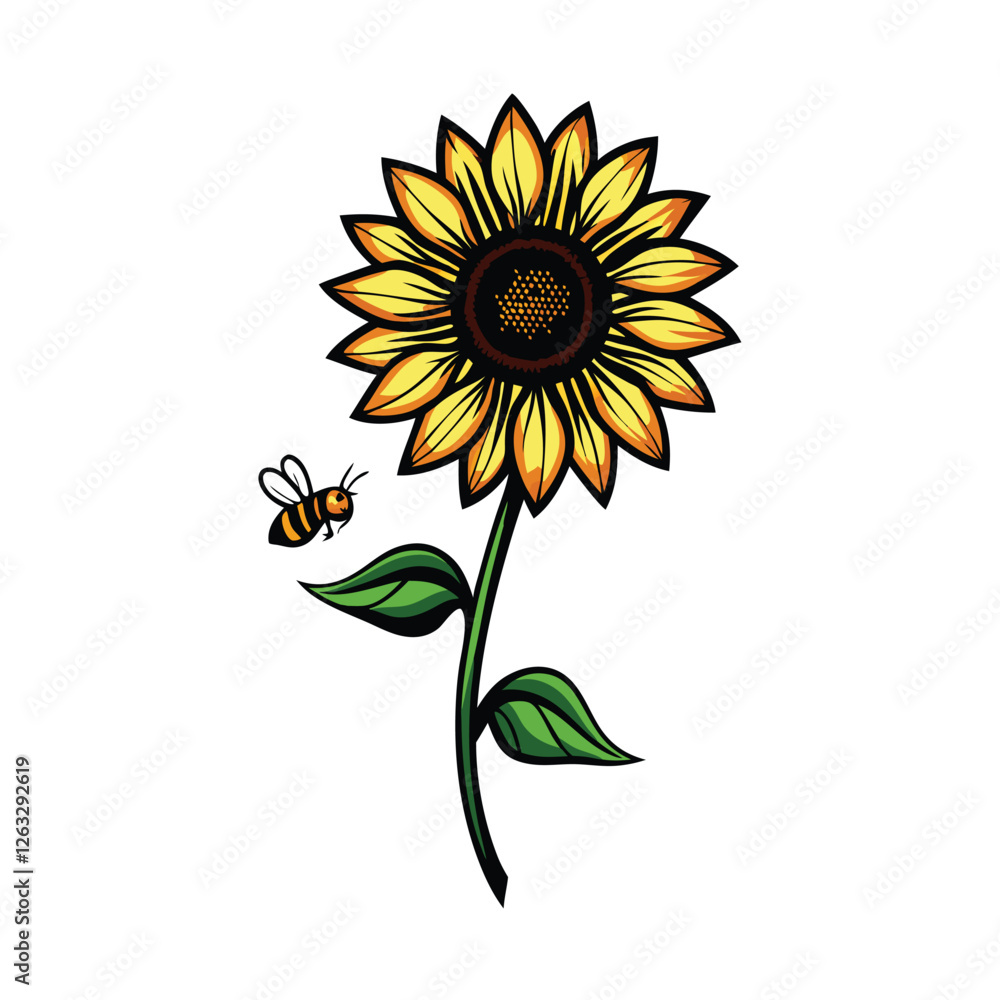 Poster create an editable stroke vector graphic of a vibrant sunflower with a friendly bumblebee buzzing ar