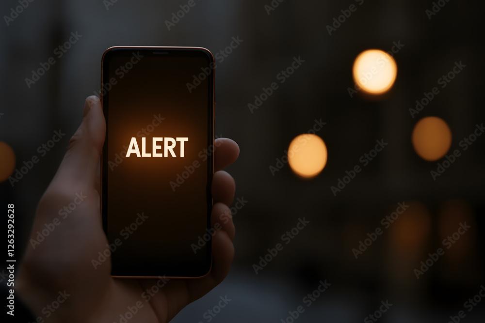 Poster mobile alert: a hand holds a smartphone displaying a warning. stay informed and prepared for emergen