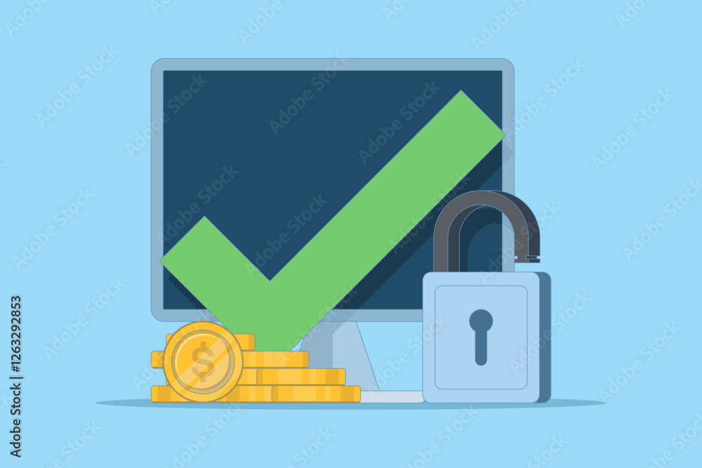 Poster the concept of secure access to an online money wallet. protected with a lock check mark on the comp