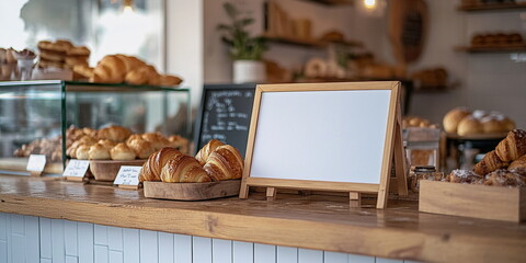 Blank sign for text on a counter in a bakery. There are croissants and a beautiful pastry shop all around. AI