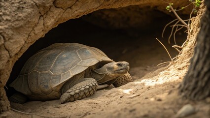 Obraz premium Tortoise tucked under shaded rocks with a relaxed demeanor against a warm earthy backdrop