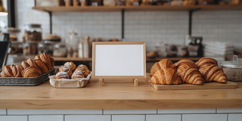 Blank sign for text on a counter in a bakery. There are croissants and a beautiful pastry shop all around. AI