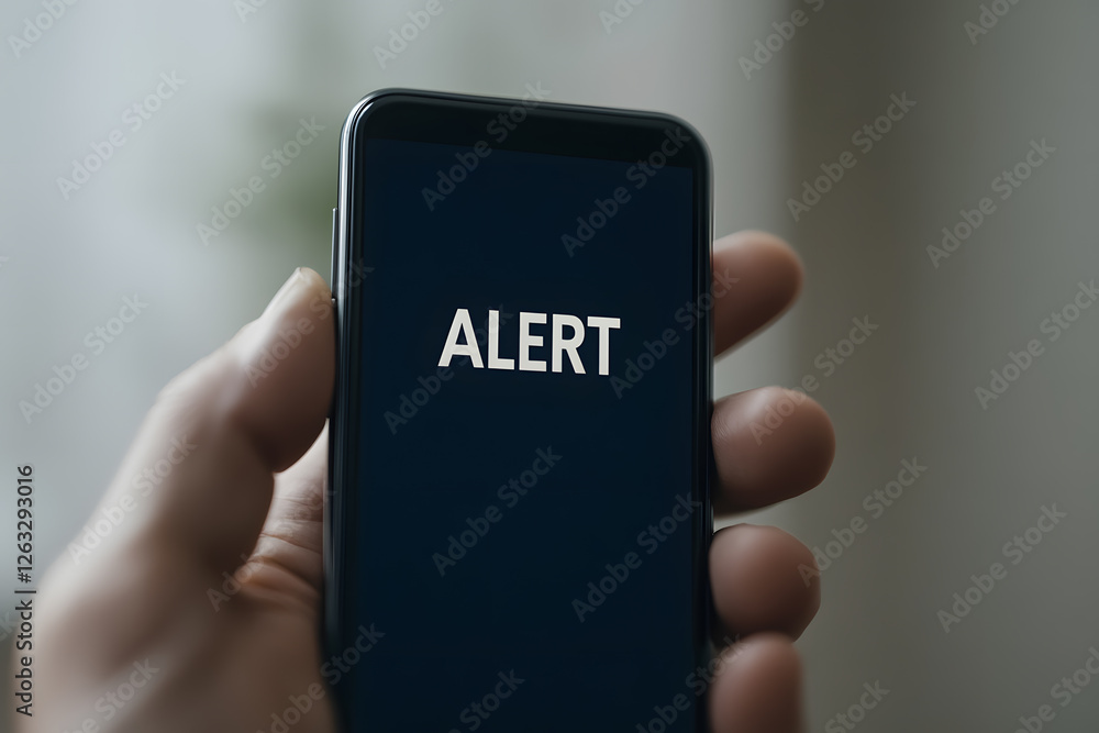 Poster a person holds a smartphone displaying the word 