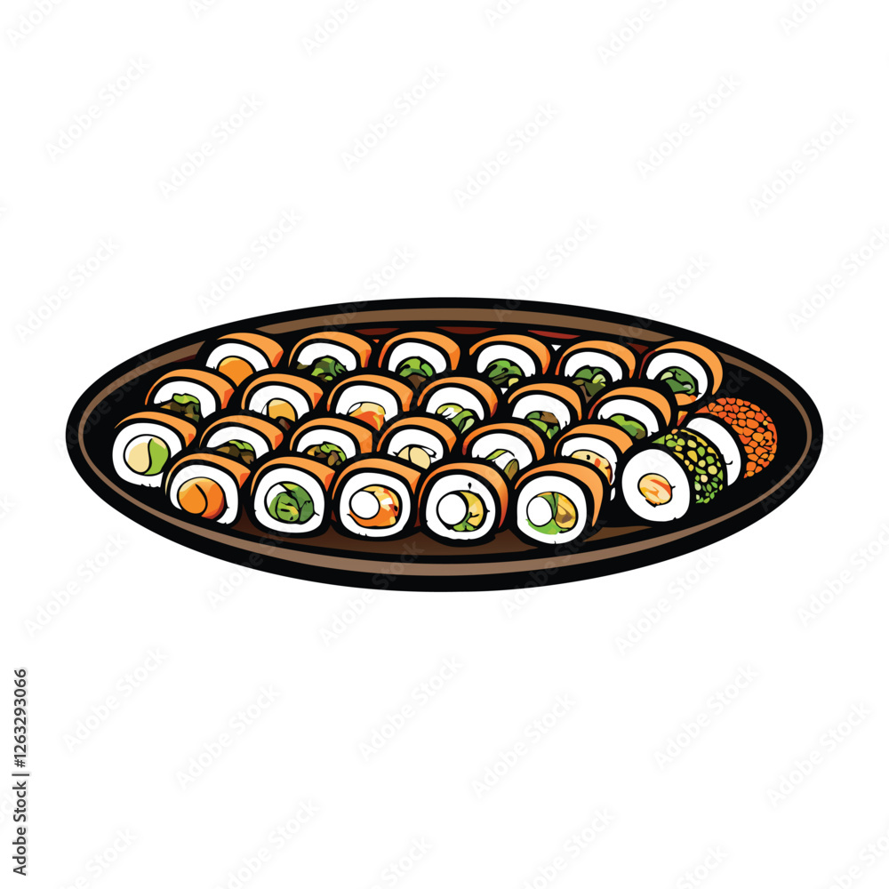 Poster create a vibrant, editable vector illustration of a sushi platter overflowing with various types of 
