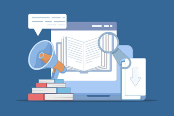 Concept of downloading e-books from the internet, reading e-books, marketing e-books for business promotion. E-book marketing campaign. Flat vector illustration with icons on the background.