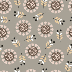 Floral seamless surface pattern design. Flowery textured background of mandala flowers and branchlets