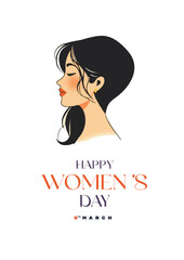 Happy women's day greeting or wishes card social, media, poster, or story, a4 banner design with woman side face vector illustration silhouette, women's rights, equality, girls, template, celebration	