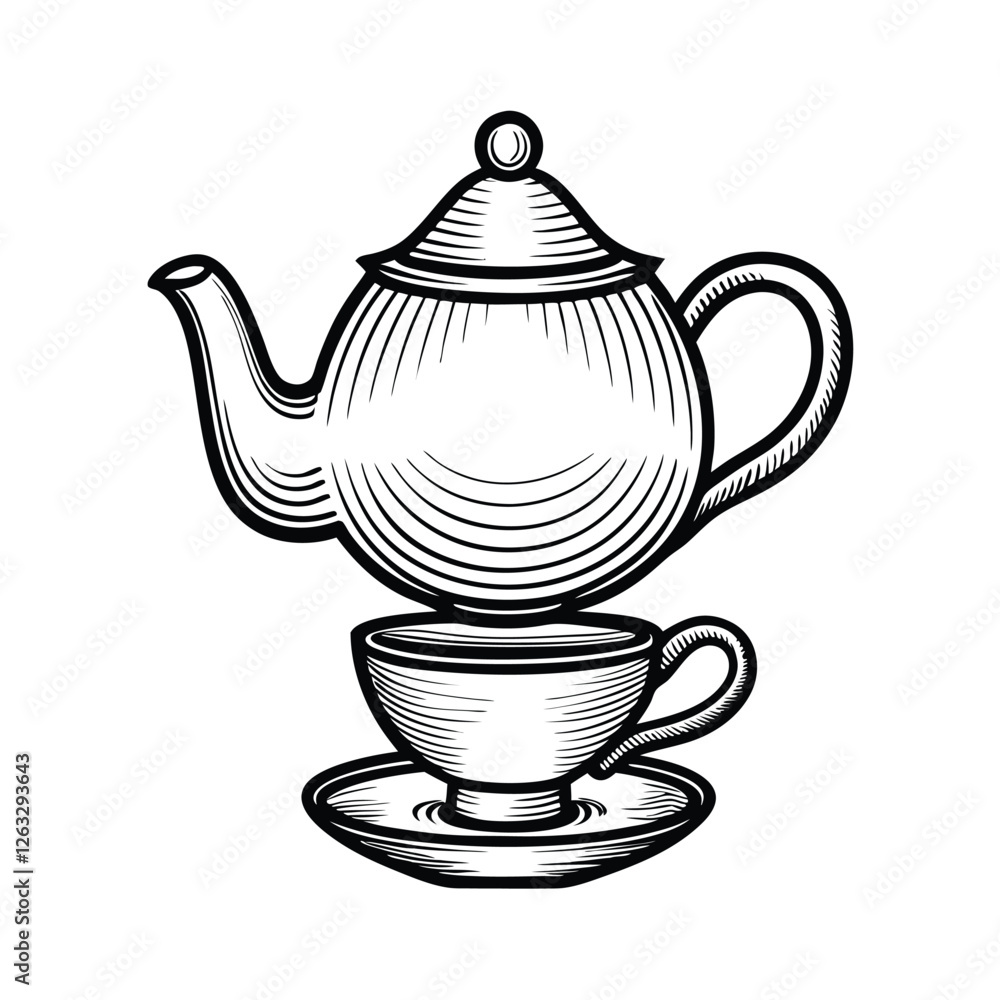 Poster create a detailed editable stroke vector illustration of a teapot pouring tea into a cup. focus on s