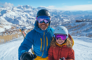 Family enjoys a thrilling ski day on the slopes with stunning mountain views in winter sunshine