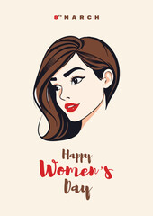 Happy women's day greeting or wishes card social, media, poster, or story, a4 banner design with woman side face vector illustration silhouette, women's rights, equality, girls, template, celebration	