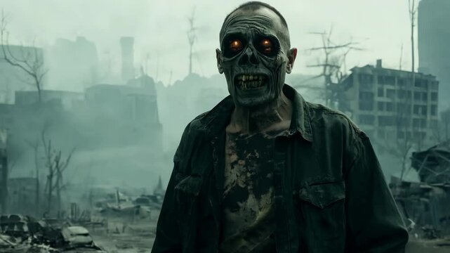 Decaying zombie roaming abandoned city street, loudly moaning amid crumbling structures