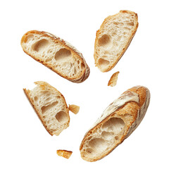 Delicious crusty bread slices falling transparent background food photography