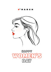 Happy women's day greeting or wishes card social, media, poster, or story, a4 banner design with woman side face vector illustration silhouette, women's rights, equality, girls, template, celebration	