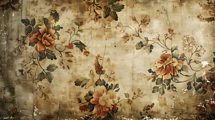 Vintage floral wallpaper with intricate designs, showcasing faded colors and textures, ideal for interior decor