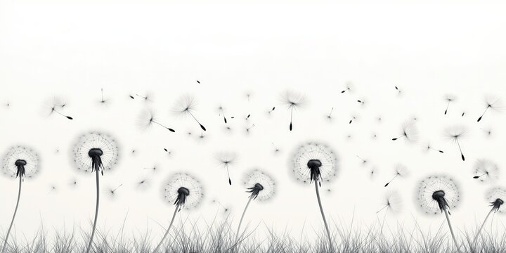 Black and white illustration of a dandelion at center stage, seeds gracefully drifting left against the wind. Detailed texture captures nature's whimsical dance