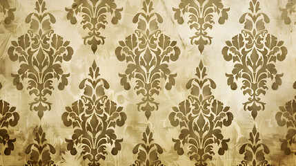 Elegant vintage wallpaper design featuring intricate golden damask patterns on a soft beige background