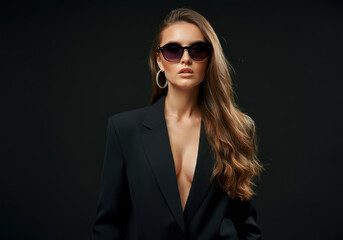 A stylish woman wearing oversized sunglasses, a plunging black blazer and statement silver jewelry