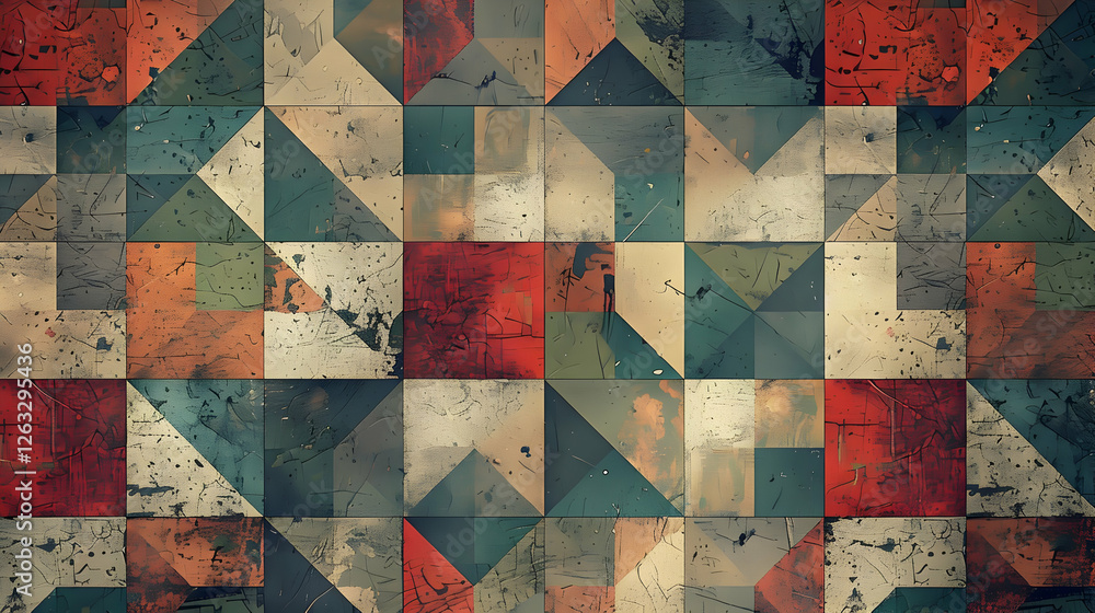 Poster abstract geometric pattern featuring colorful triangles and textured surfaces in a vibrant design
