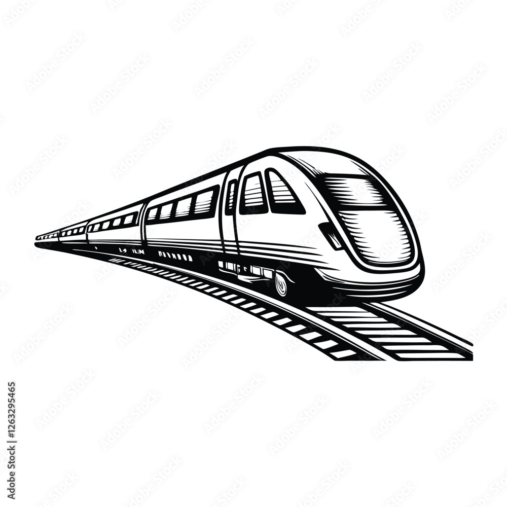 Poster create an editable stroke vector graphic of a detailed train traveling on railway tracks, suitable f